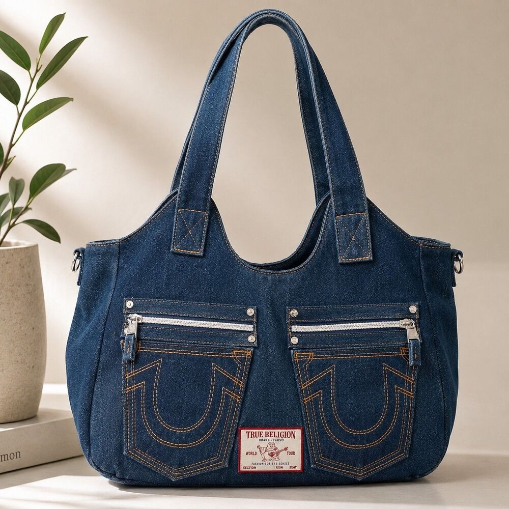 True Religion Horseshoe Stitch Blue Denim Satchel Tote Shoulder Bag